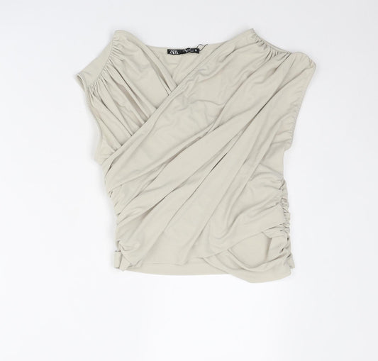 Zara Womens Beige Polyester Basic Tank Size L V-Neck - Ruched