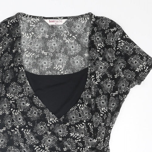 Bonmarché Womens Black Floral Polyester Basic Blouse Size 16 Scoop Neck