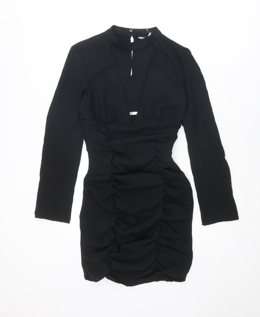 Zara Womens Black Polyester Bodycon Size S V-Neck Zip - Plunging Neckline