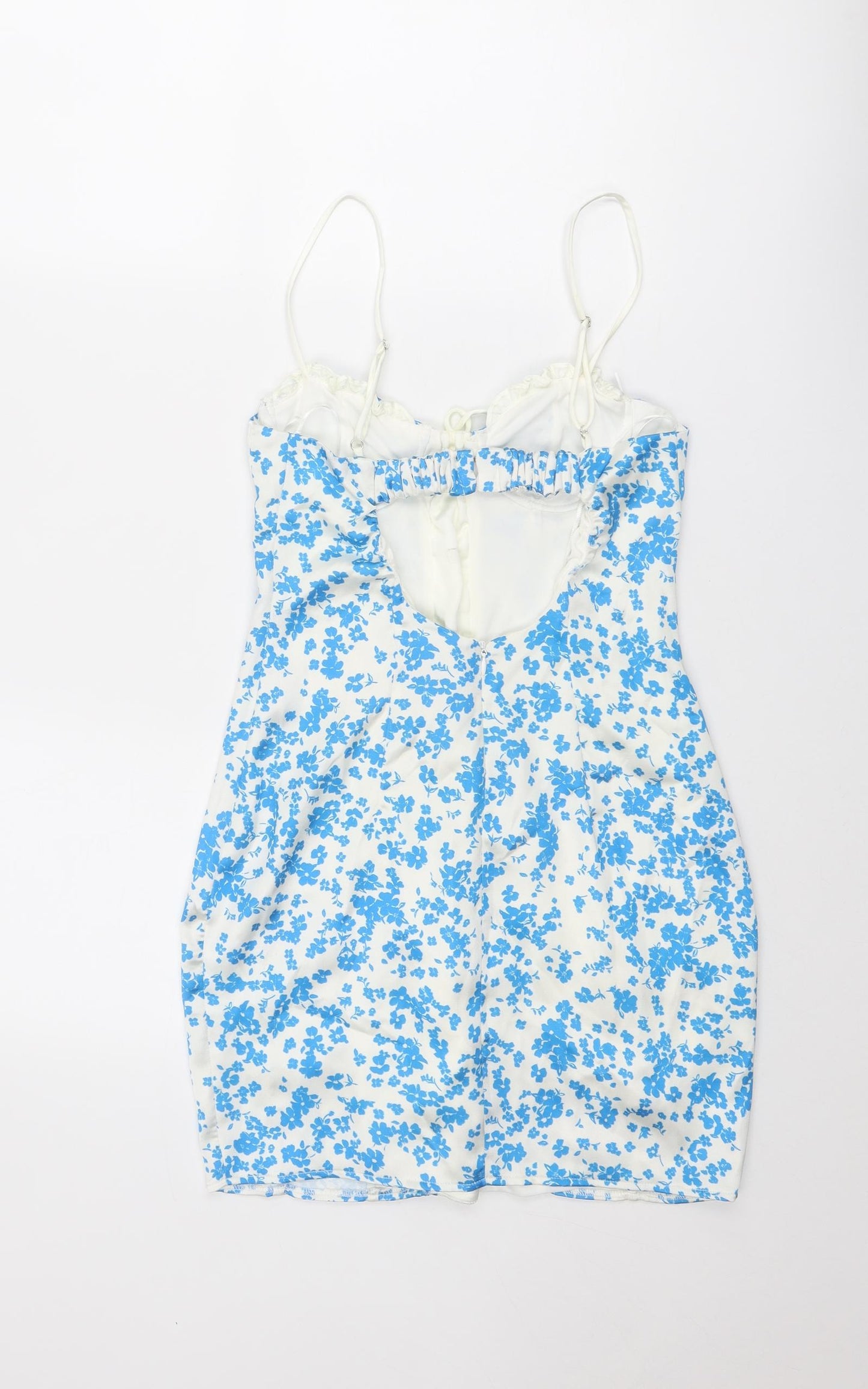 Bershka Womens Blue Floral Polyester Mini Size S Sweetheart Zip - Lace Up Front