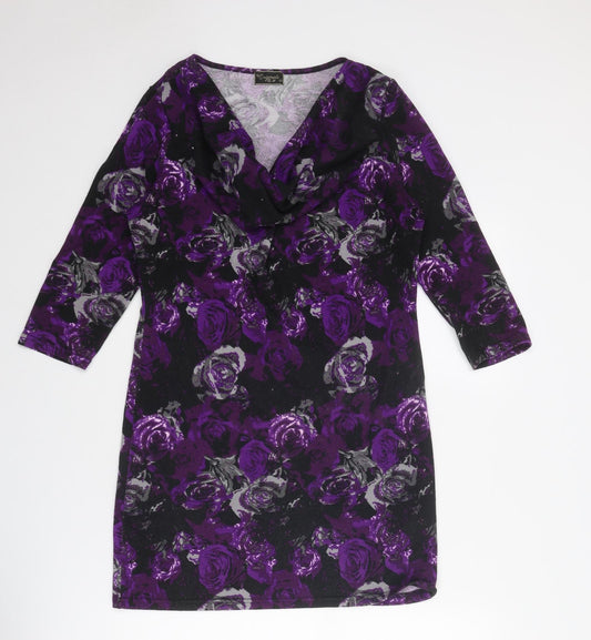 Originals Womens Purple Floral Polyester Mini Size 10 Cowl Neck Pullover