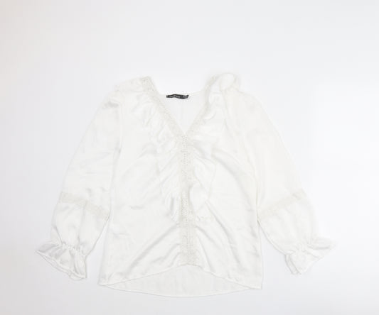 Boohoo Womens White Polyester Basic Blouse Size 6 V-Neck - Crochet Detail