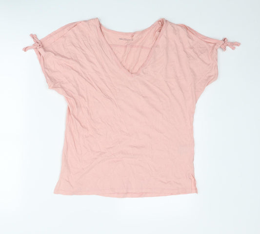 NEXT Womens Pink Cotton Basic T-Shirt Size 6 V-Neck - Tie Sleeve Detail
