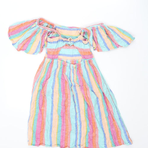 NEXT Girls Multicoloured Striped Cotton A-Line Size 9 Years Off the Shoulder Button