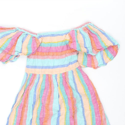 NEXT Girls Multicoloured Striped Cotton A-Line Size 9 Years Off the Shoulder Button