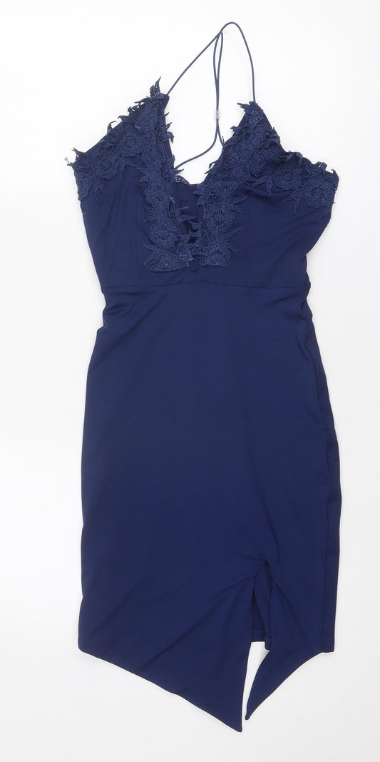 Oh Polly Womens Blue Polyester Slip Dress Size 12 V-Neck Zip