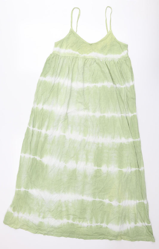 Pull&Bear Womens Green Tie Dye Cotton Slip Dress Size M V-Neck Pullover