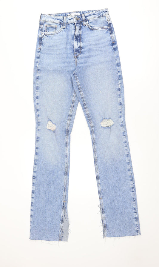 Zara Womens Blue Cotton Straight Jeans Size 8 Regular Zip - Side slits