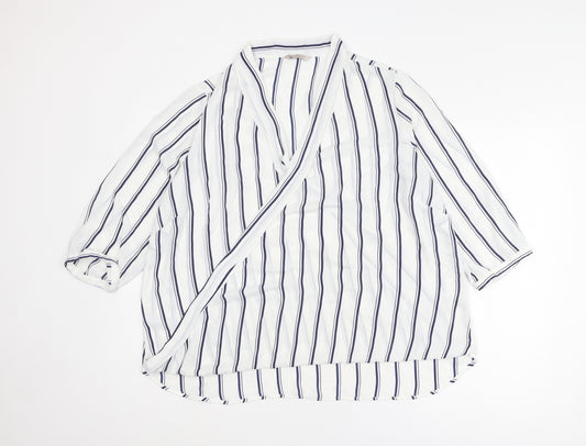 Marks and Spencer Womens White Striped Polyester Basic Blouse Size 20 V-Neck