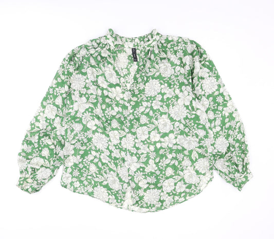Mango Womens Green Floral Polyester Basic Blouse Size L V-Neck
