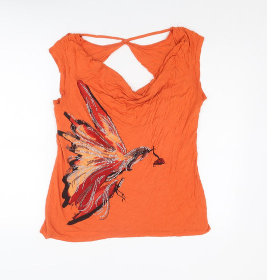 Jasper Conran Womens Orange Viscose Basic T-Shirt Size 16 Cowl Neck - Birds Print, Open Back