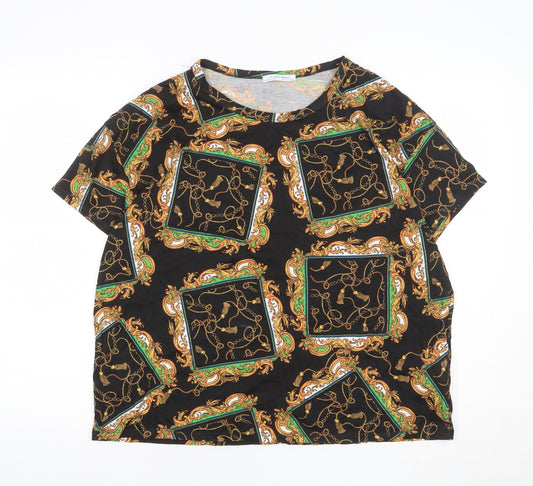 Zara Womens Black Geometric 100% Cotton Basic T-Shirt Size L Round Neck