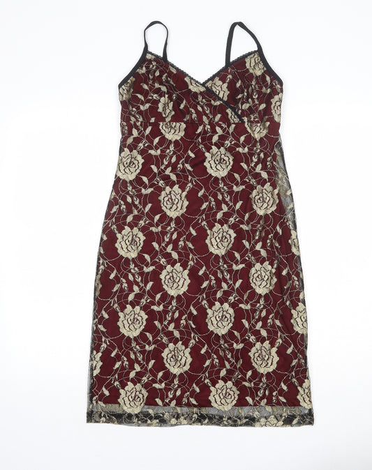 Wallis Womens Red Floral Polyester Slip Dress Size 12 V-Neck Pullover