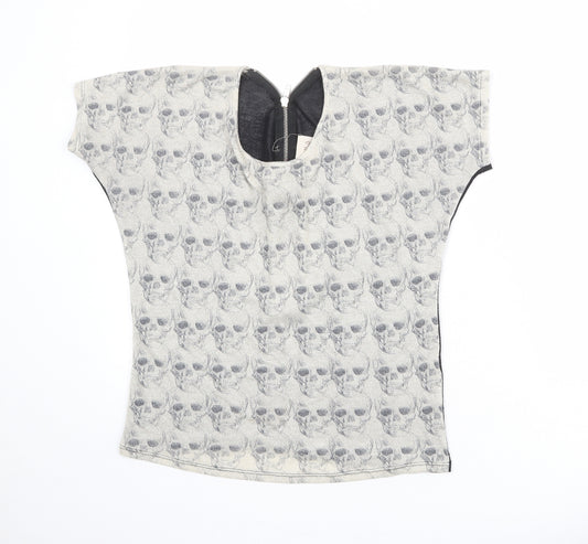 Zara Womens Beige Geometric Polyester Basic T-Shirt Size M Round Neck - Skull Pattern
