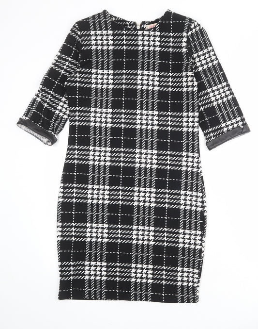 Krisp Womens Black Plaid Polyester Pencil Dress Size 8 Round Neck Zip