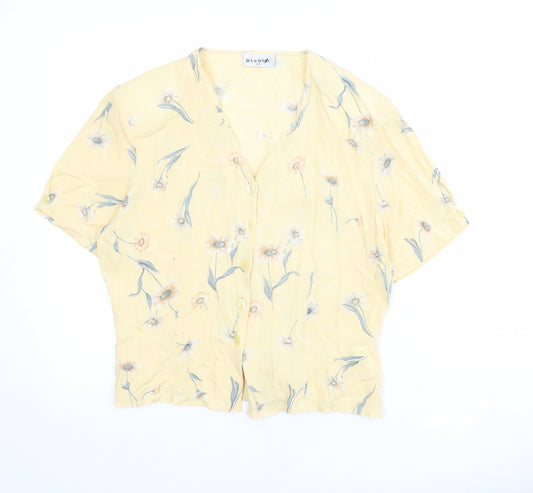 Bianco Womens Yellow Floral Viscose Basic Button-Up Size 12 V-Neck