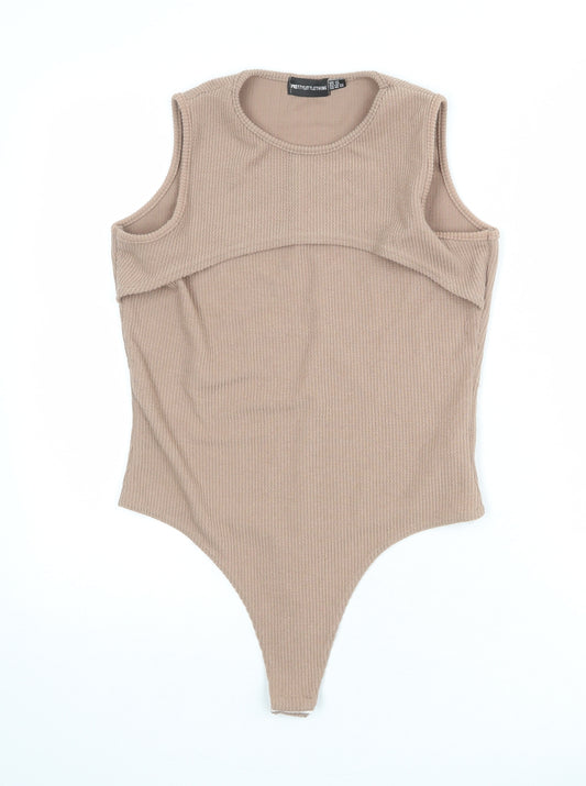 PRETTYLITTLETHING Womens Beige Polyester Bodysuit One-Piece Size 14 Snap