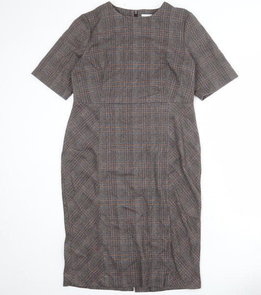 NEXT Womens Brown Plaid Polyester Pencil Dress Size 14 Round Neck Zip