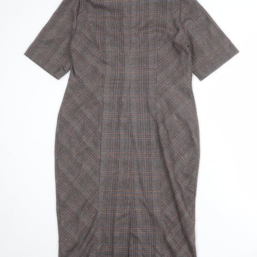 NEXT Womens Brown Plaid Polyester Pencil Dress Size 14 Round Neck Zip
