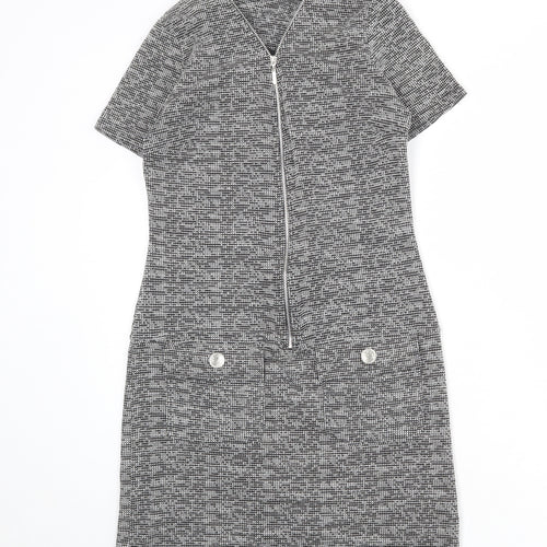Wallis Womens Grey Geometric Polyester A-Line Size 8 V-Neck Zip