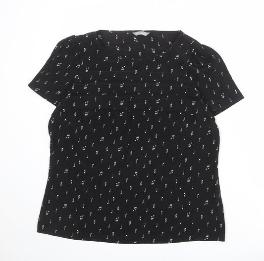 Marks and Spencer Womens Black Geometric Polyester Basic T-Shirt Size 10 Round Neck - Musical Note Pattern