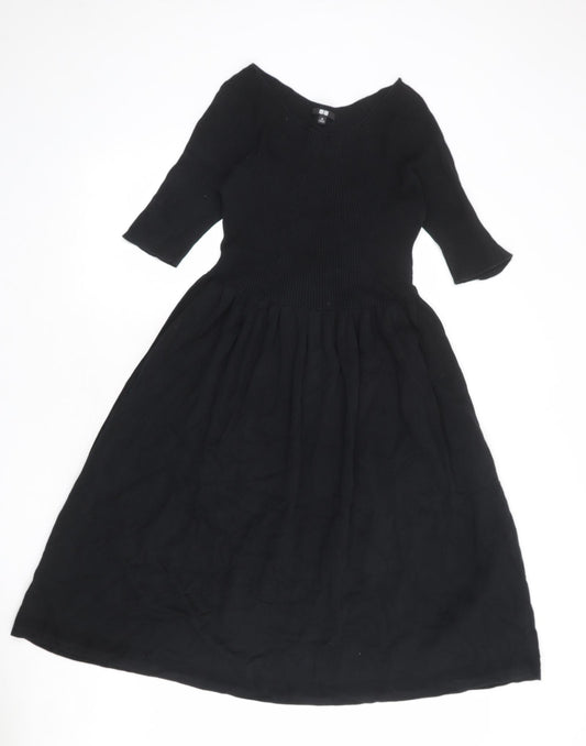 Uniqlo Womens Black 100% Cotton Fit & Flare Size M Round Neck Pullover