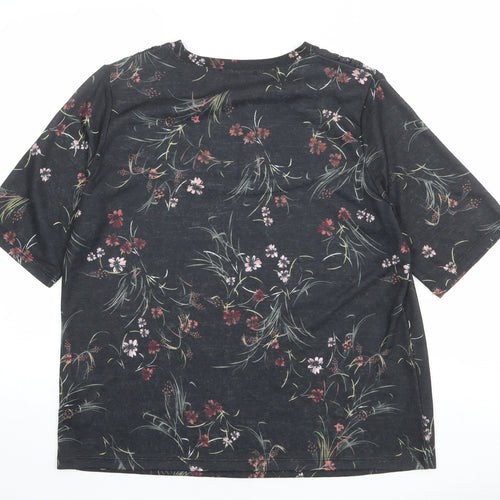 Per Una Womens Grey Floral Cotton Basic T-Shirt Size 16 Round Neck - Lace Detail