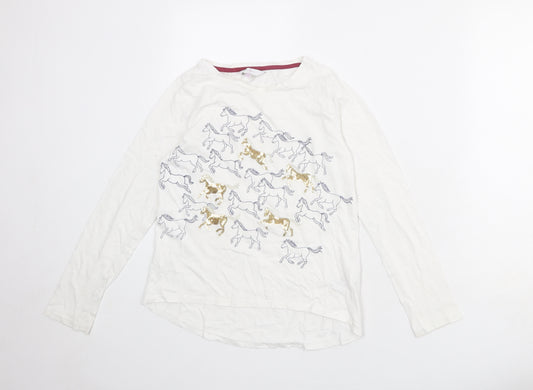 Jasper Conran Girls White Geometric 100% Cotton Basic T-Shirt Size 11-12 Years Round Neck Pullover - Horses Print