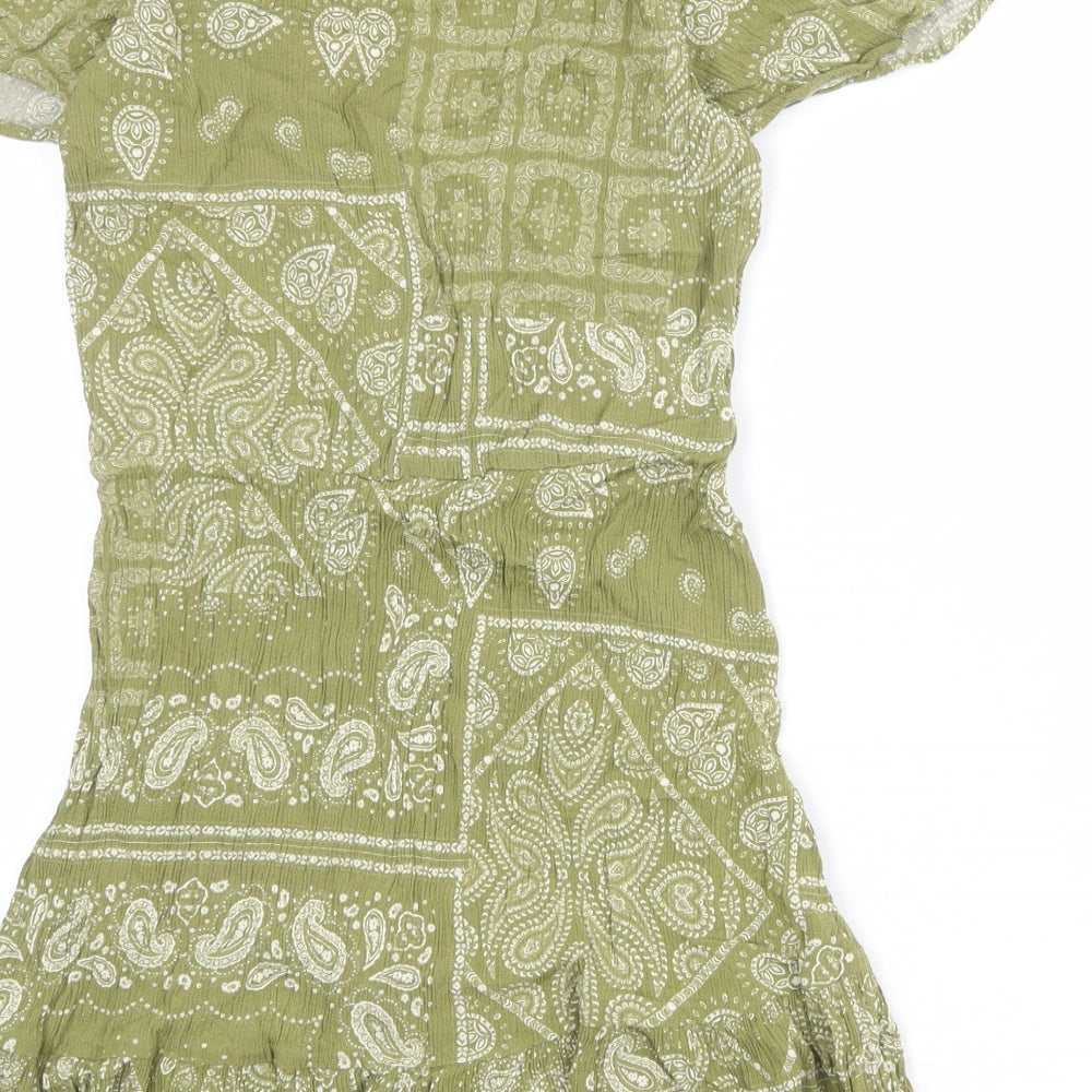 Zara Womens Green Geometric Viscose Mini Size S V-Neck Pullover