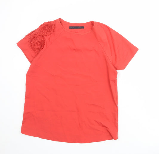 Zara Womens Red Polyester Basic Blouse Size M Round Neck - Shoulder Detail