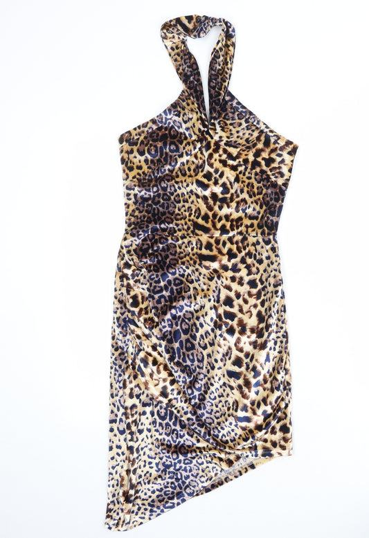 Parisian Womens Multicoloured Animal Print Polyester Bodycon Size 10 Halter Button - Leopard pattern