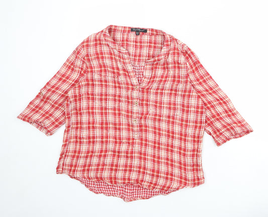 Velvet Heart Womens Red Plaid Cotton Basic Blouse Size L V-Neck