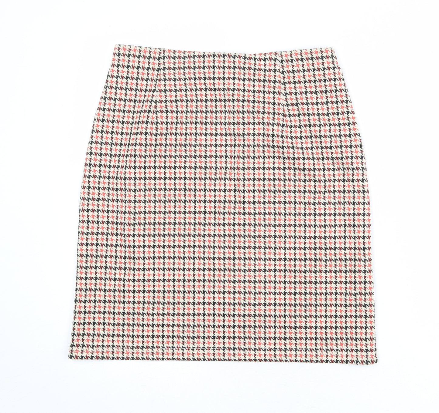 Marks and Spencer Womens Beige Geometric Polyester A-Line Skirt Size 10 - Houndstooth pattern