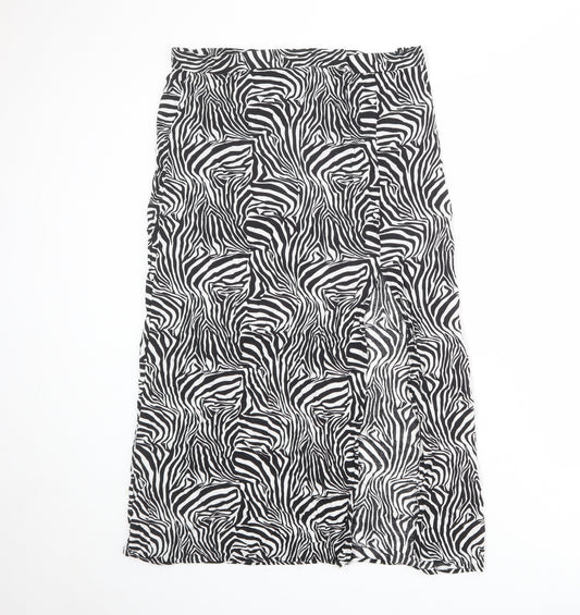 ASOS Womens Black Animal Print Viscose A-Line Skirt Size 16 Zip - Zebra pattern