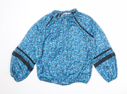 Oliver Bonas Womens Blue Floral Polyester Basic Blouse Size 6 Mock Neck