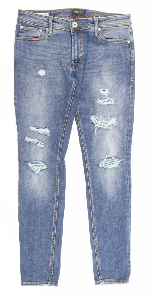 JACK & JONES Mens Blue Cotton Skinny Jeans Size 32 in Regular Zip