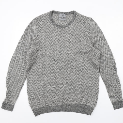 Marks and Spencer Mens Grey Round Neck Herringbone Acrylic Pullover Jumper Size M Long Sleeve