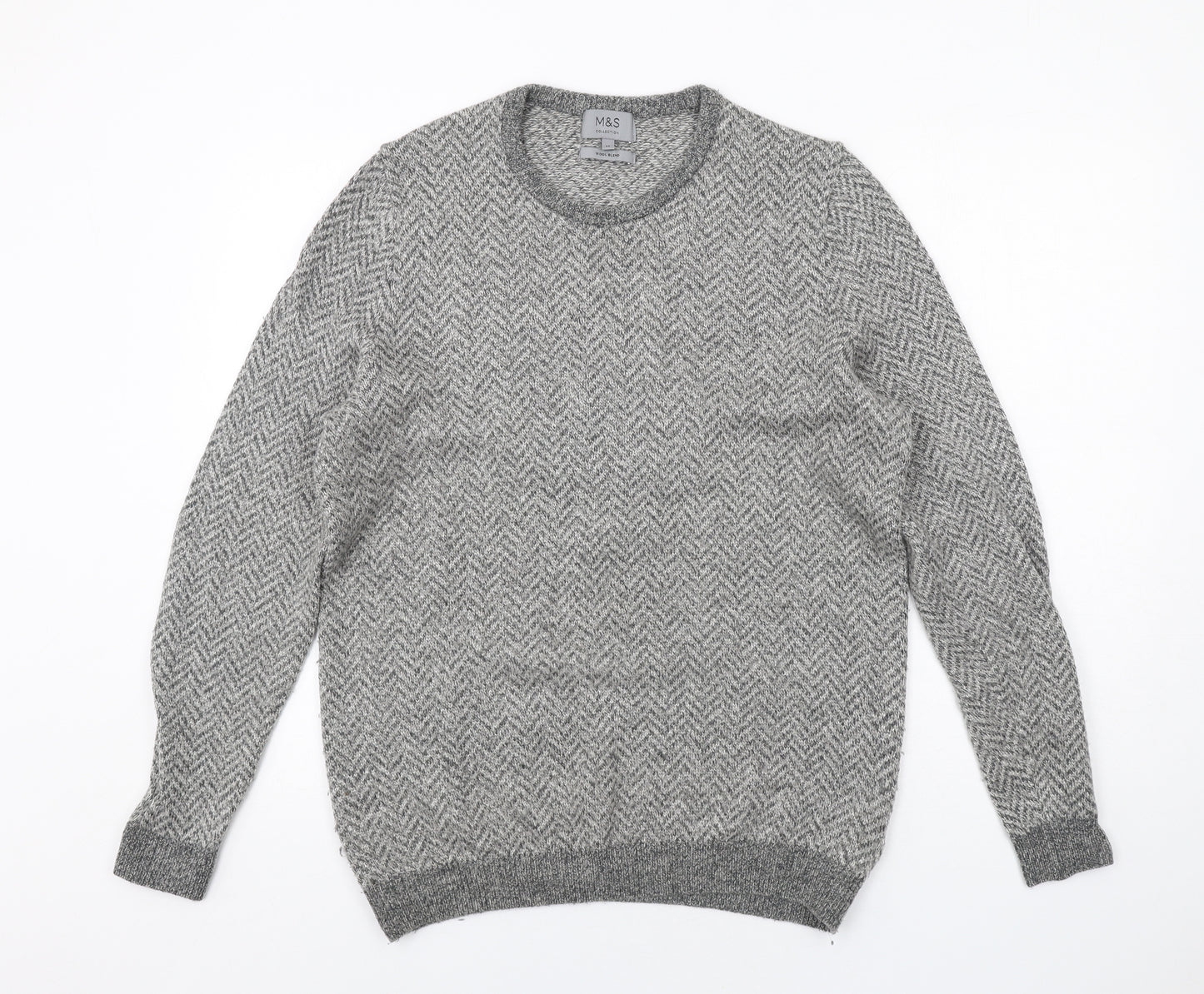 Marks and Spencer Mens Grey Round Neck Herringbone Acrylic Pullover Jumper Size M Long Sleeve