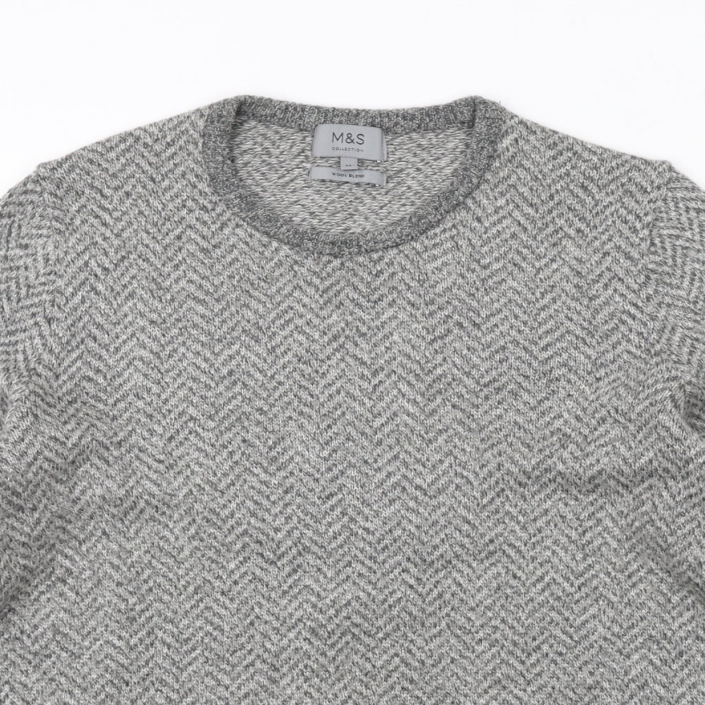 Marks and Spencer Mens Grey Round Neck Herringbone Acrylic Pullover Jumper Size M Long Sleeve