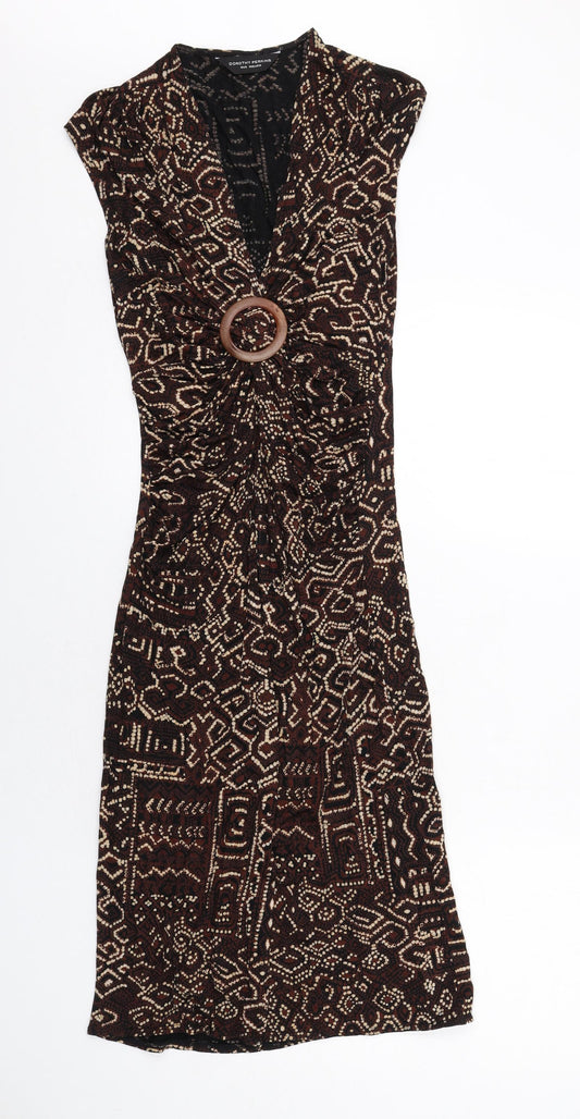 Dorothy Perkins Womens Brown Geometric Viscose Bodycon Size 10 V-Neck Pullover