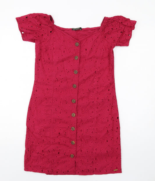 Body & Soul Womens Pink Geometric Cotton A-Line Size M V-Neck Button