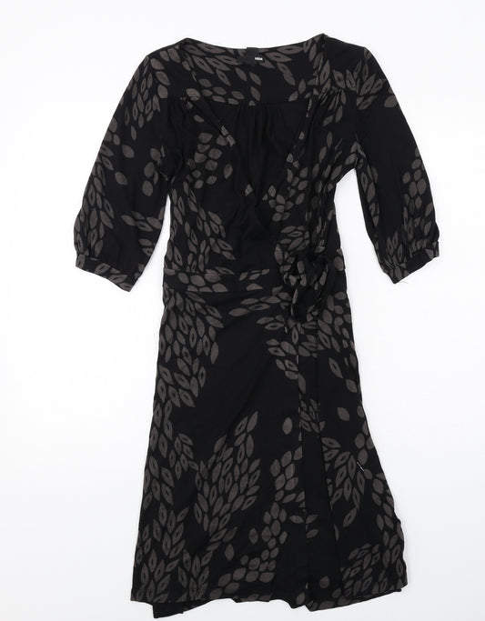 H&M Womens Black Geometric Viscose Wrap Dress Size 10 V-Neck Tie