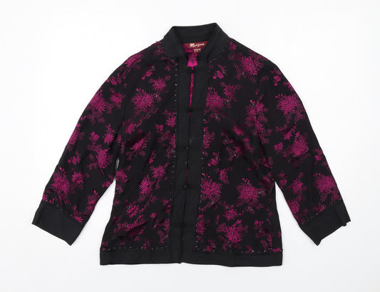 Monsoon Womens Black Floral Silk Basic Button-Up Size 12 Round Neck