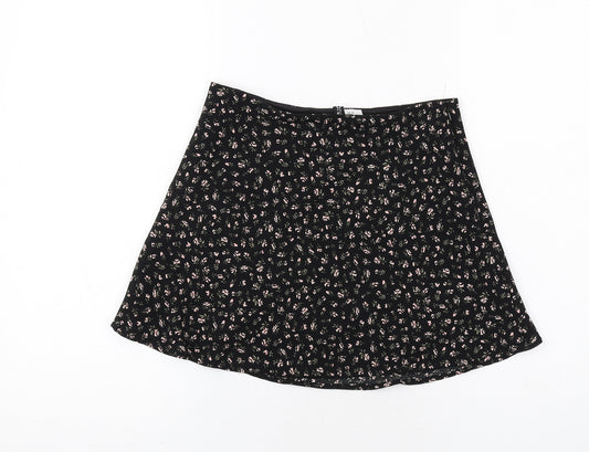 H&M Womens Black Floral Polyester Skater Skirt Size 10 Zip