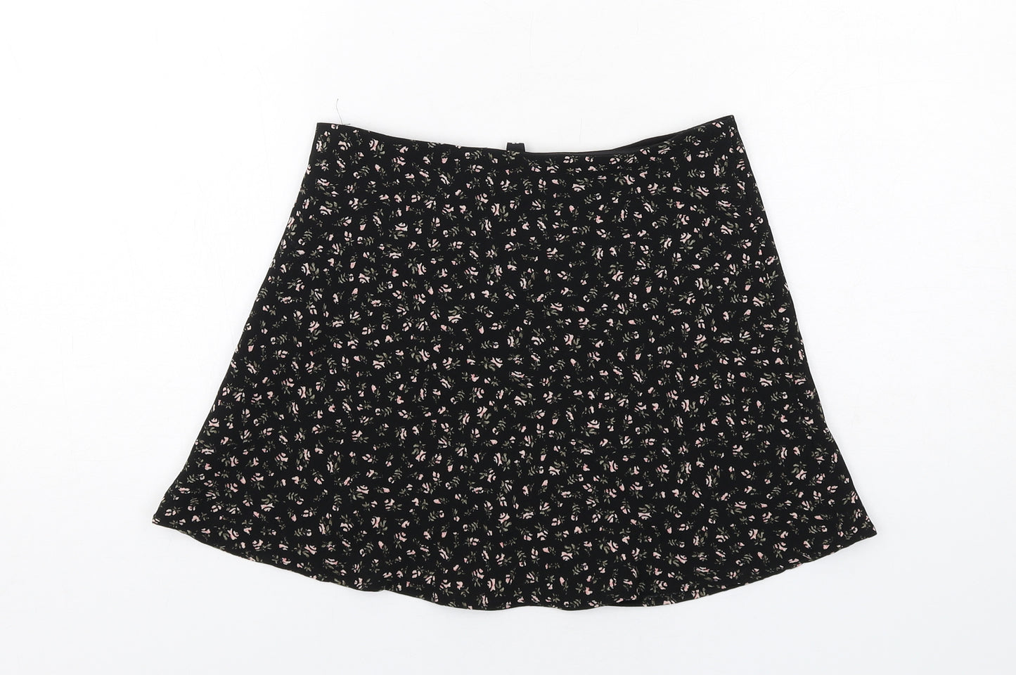 H&M Womens Black Floral Polyester Skater Skirt Size 10 Zip