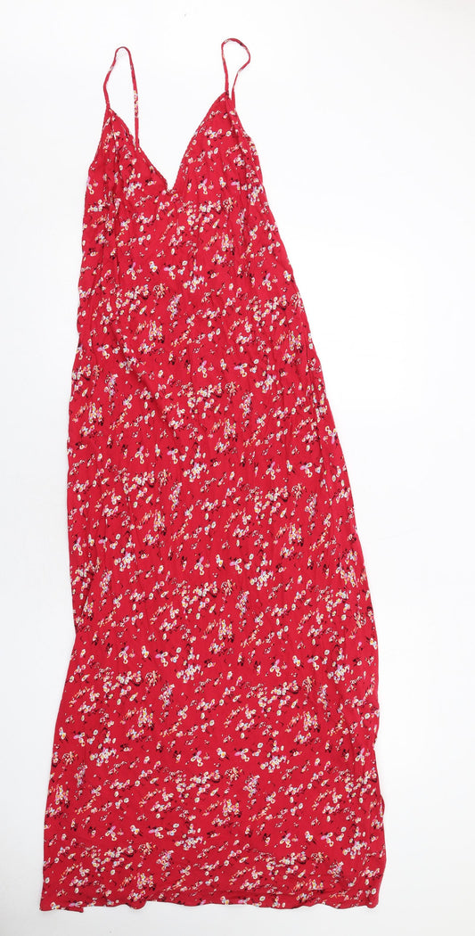 Marks and Spencer Womens Red Floral Viscose Maxi Size 12 V-Neck Pullover