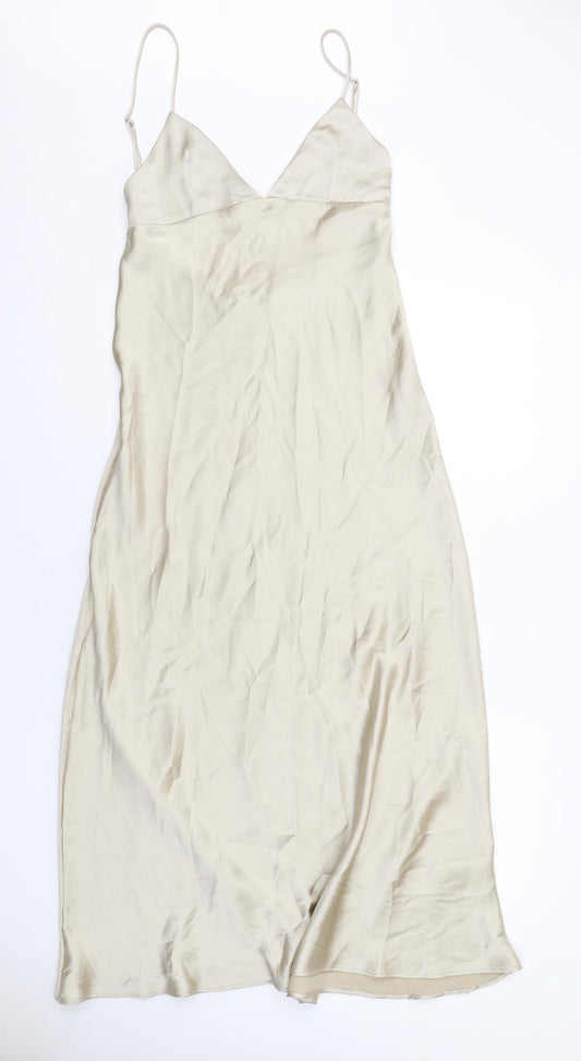 Zara Womens Ivory Polyester Slip Dress Size M V-Neck Zip