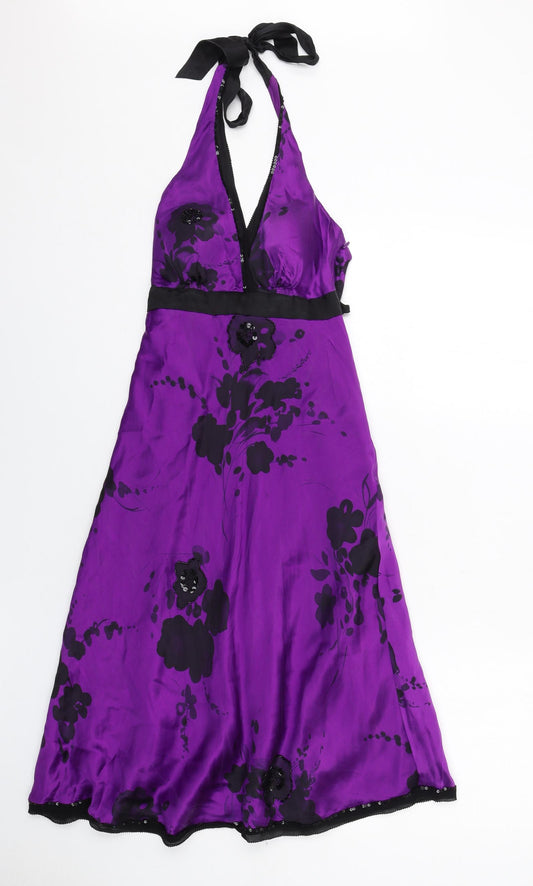 Oasis Womens Purple Floral Silk Trapeze & Swing Size 8 Halter Zip