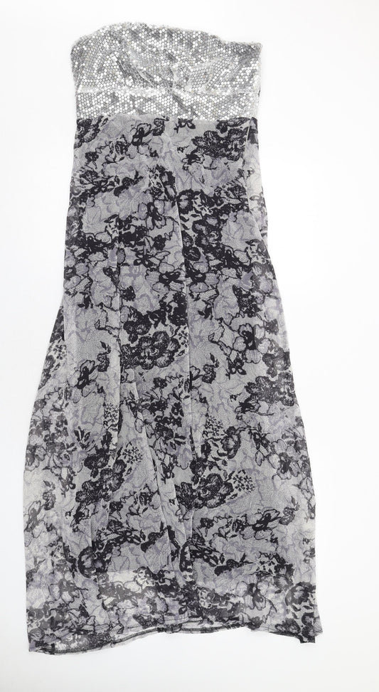 Boohoo Womens Grey Floral Polyester A-Line Size 10 Off the Shoulder Zip