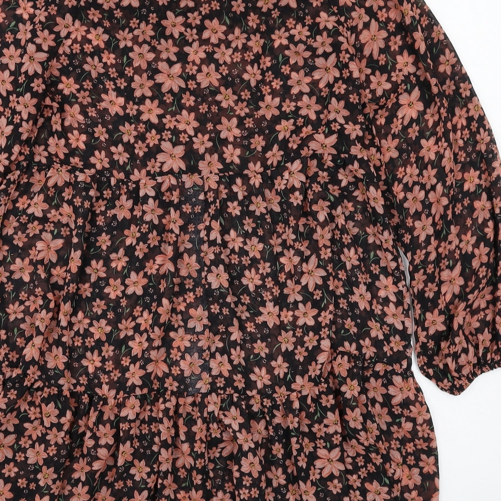 New Look Womens Black Floral Polyester A-Line Size 8 Mock Neck Button